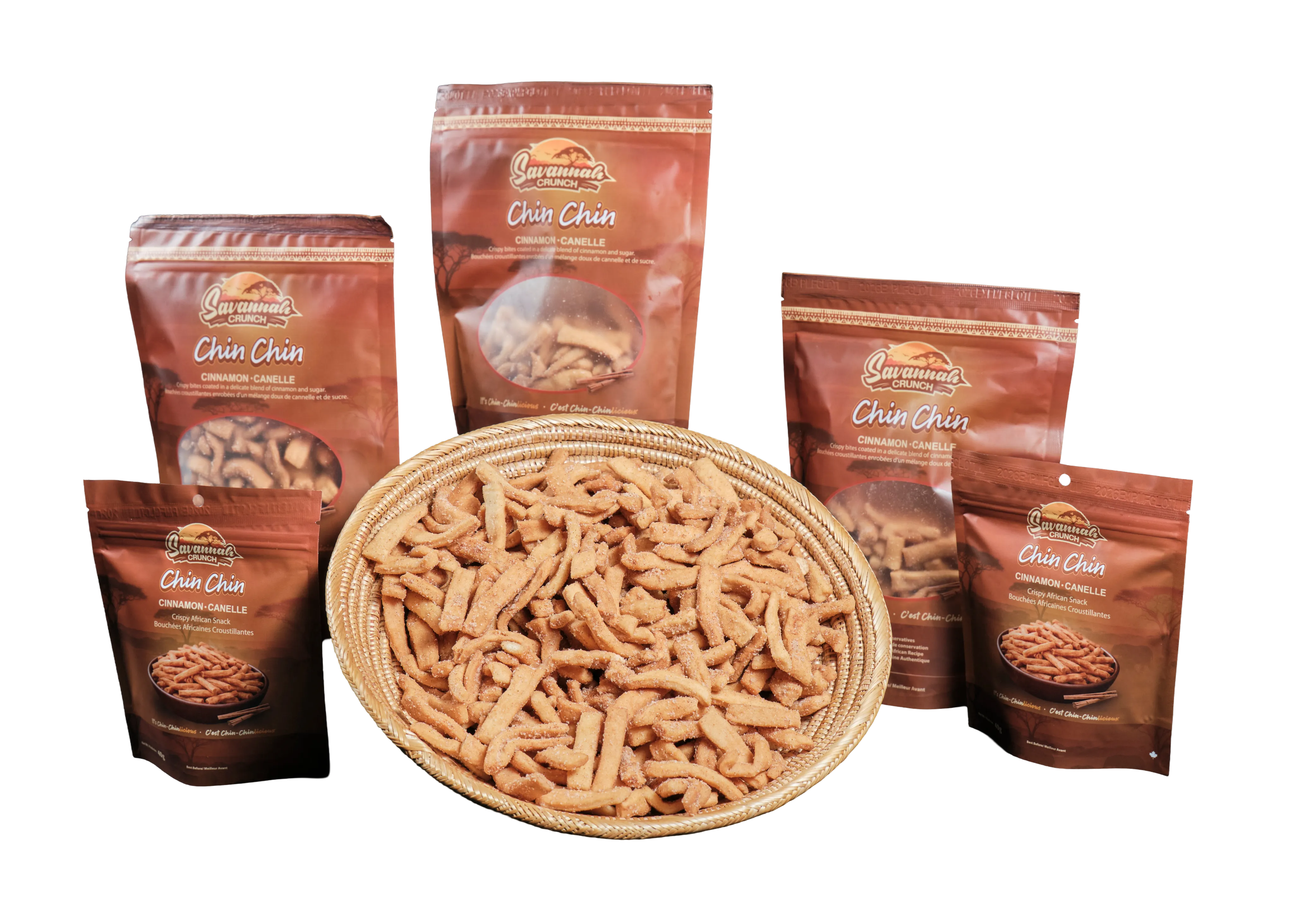 Savannah Crunch Chin Chin BBQ bags and a basket of chin chin