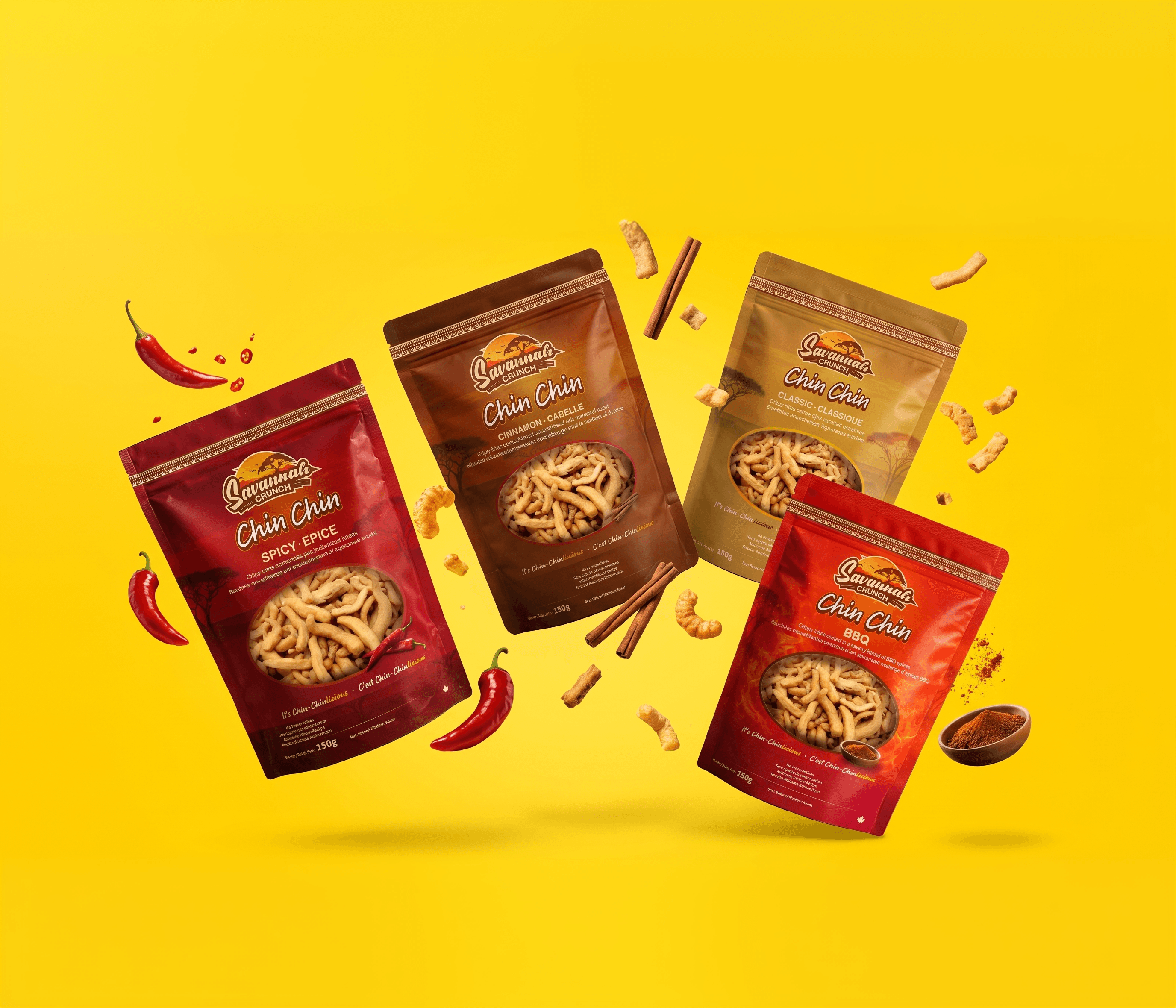 Savannah Crunch Chin Chin bags in Spicy, Cinnamon, Classic, and BBQ flavours
