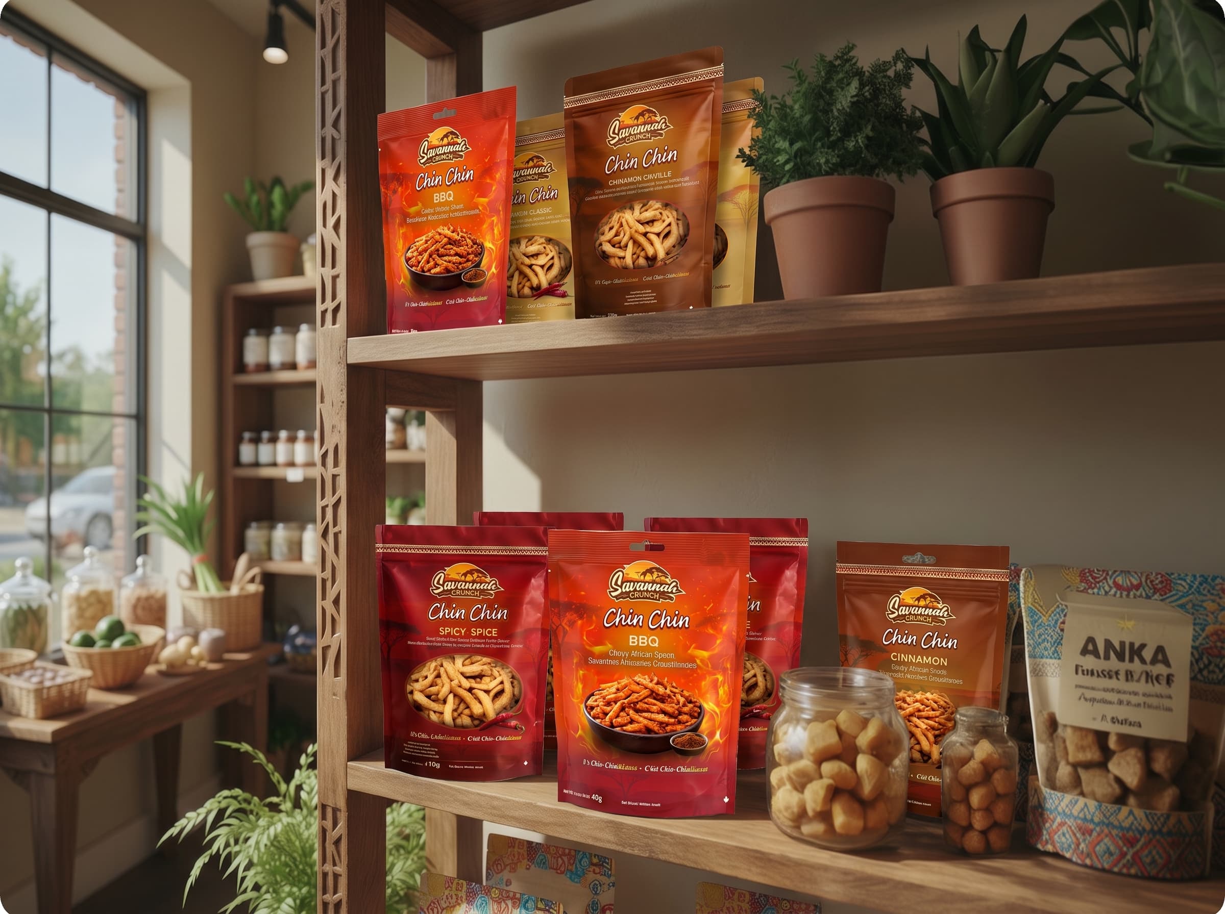 Savannah Crunch Chin Chin bags displayed on a retail shelf