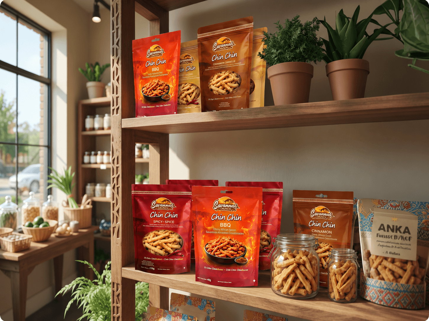 Savannah Crunch Chin Chin bags displayed on a retail shelf